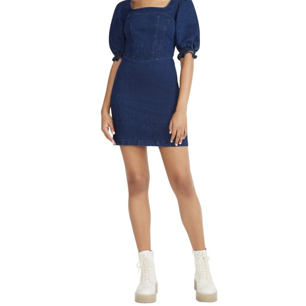 Betsey Johnson Puff Sleeve Denim Mini Dress – Women’s Size 10 Dark Blue Retro